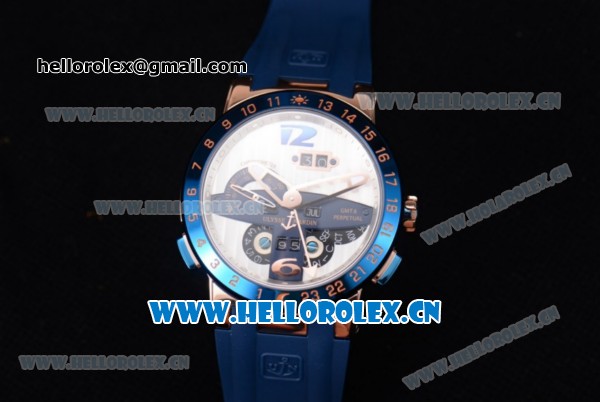 Ulysse Nardin Executive Dual Time & Big Date Asia ST25 Automatic Rose Gold Case White Dial Blue Bezel and Blue Rubber Strap - Click Image to Close